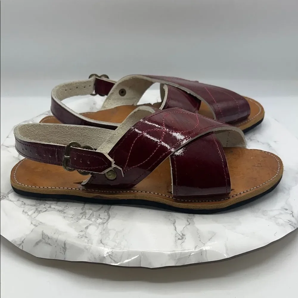 MEXICAN HANDCRAFTED Maroon Patent Leather Cruzado Huaraches Sandals-7